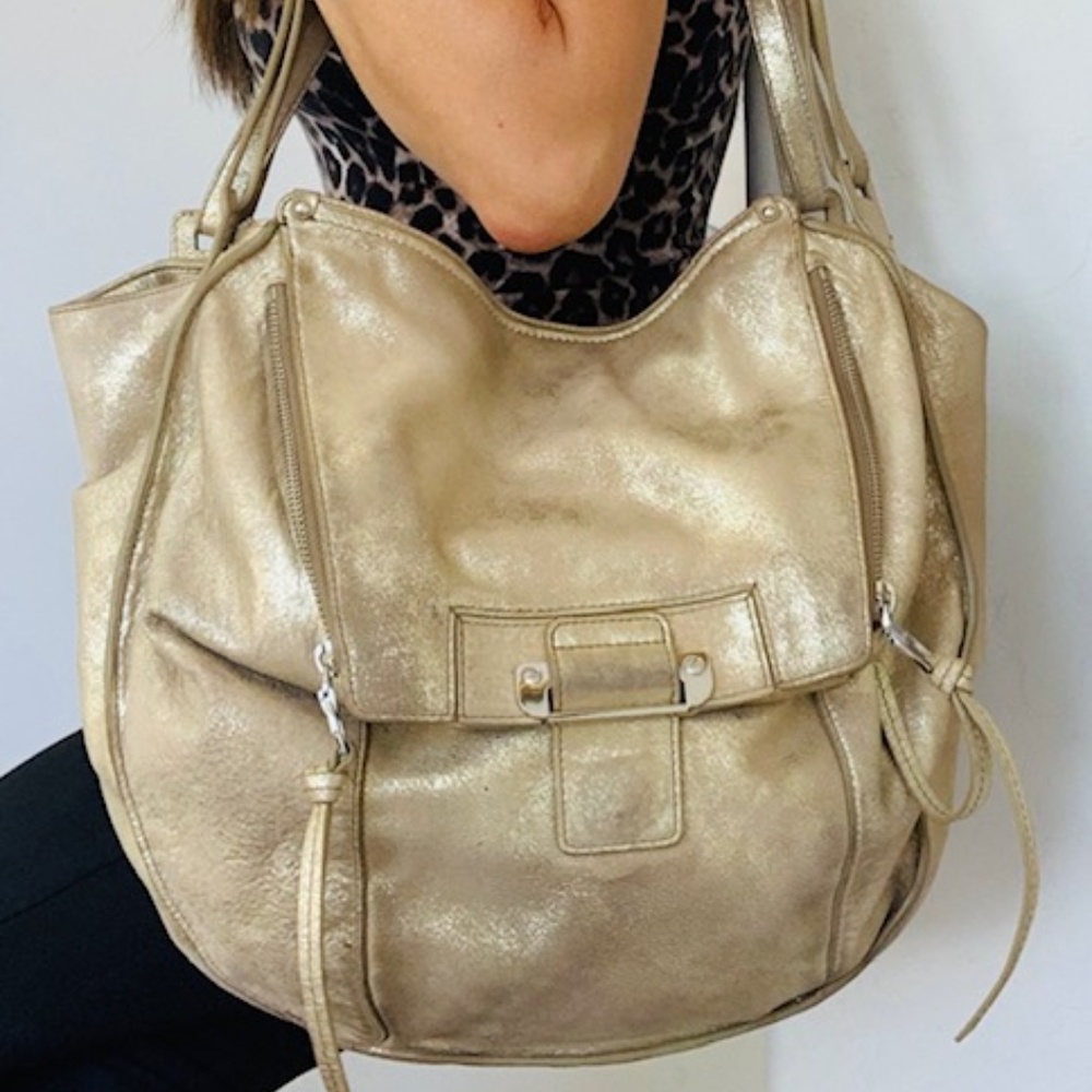 Kooba Hobo Distressed Gold Leather Shoulder Bag